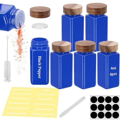 6Pcs 4 oz Square Glass Spice Jars with Label, Empty Spice Containers with Wooden Lids, Square Seasoning Containers and Supplement Set, Small Seasoning Bottles for Salt, Sugar, Pepper (Blue) - color: Blue