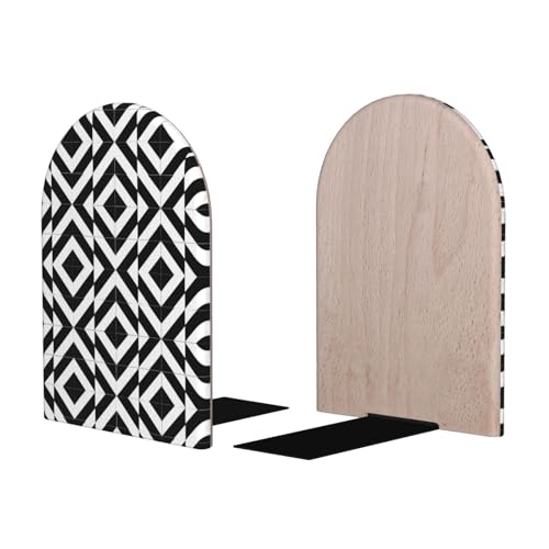 Geometric Black & White Patterns Print Book Ends, 1 Pair Sturdy Wooden Bookends for Shelves Heavy Duty Non-Slip Wood Bookend for Home Office Library School Study Decoration