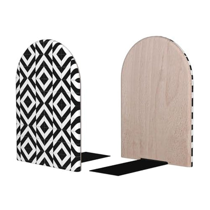 Geometric Black & White Patterns Print Book Ends, 1 Pair Sturdy Wooden Bookends for Shelves Heavy Duty Non-Slip Wood Bookend for Home Office Library School Study Decoration