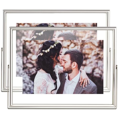 4x6 Floating Picture Frames Set of 2, Made of Metal and Double Real Glass, for Photo Size up to 6x8, Tabletop Display Home or Wedding Decoration (Horizontal Silver) - color: Silver (Horizontal), size: 6x8 for 4x6 (2 Pcs)