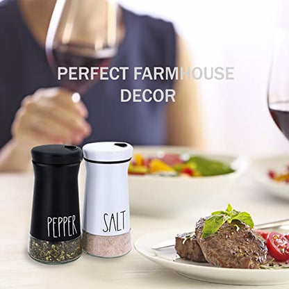 Farmhouse Salt and Pepper Shakers with Adjustable Pour Holes, Refillable Salt Shaker by Aelga, Ideal for Himalayan, Kosher, Black and White Pepper - color: Black/White
