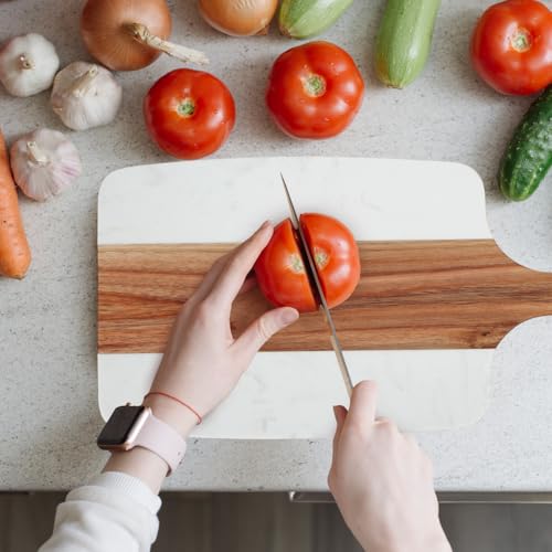 Cutting Board for Kitchen – 13.8" x 7.3" Wooden Serving Board with Handle for Steak Bread Cheese & Fruits – Marble and Acacia Butcher Block Chopping Board, Easy to Clean - color: White