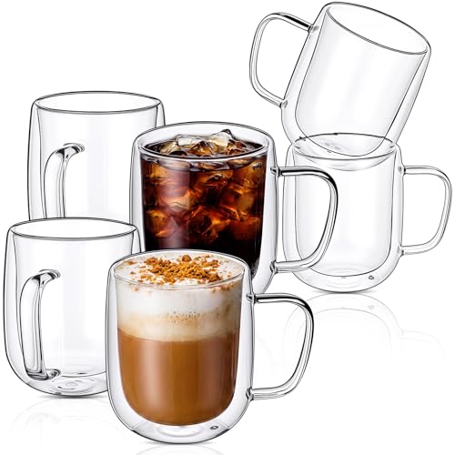 Patelai Glass Coffee Mugs Set of 6, 16 oz Clear Double Walled Coffee Cups Glasses Insulated Latte Mugs with Handle Espresso Clear Cups for Hot and Cold Beverages - color: Clear round, size: 480ml