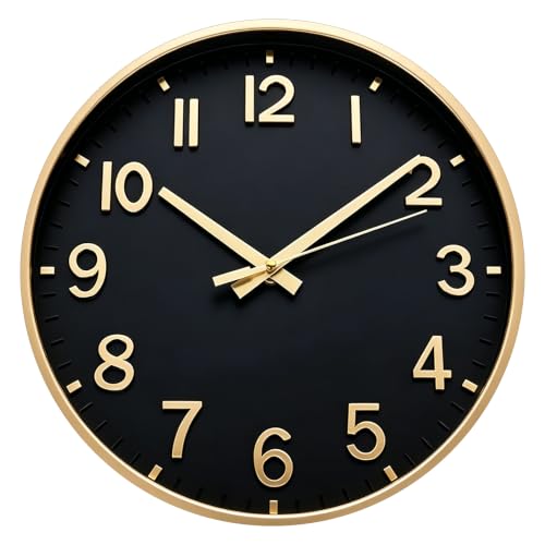 HZDHCLH Wall Clocks Battery Operated,Wall Clock Black Gold,12 inch Wall Clock Silent Non Ticking Modern 3D Numbers for Kitchen Bedroom Living Room Office Classroom Decor - color: Black Gold, size: 12 Inch