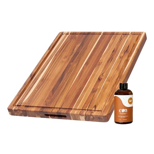 Teakhaus Carving Board and EON Cutting Board Oil Set - Large (L) Teak Wood Cutting Board with Juice Groovel & Food-Grade Mineral Oil - 20”L x 15”W x 1.5” Thick - FSC Certified - color: Cutting Board with Maintenance Oil, size: Large (20 inch x 15 inch x 1