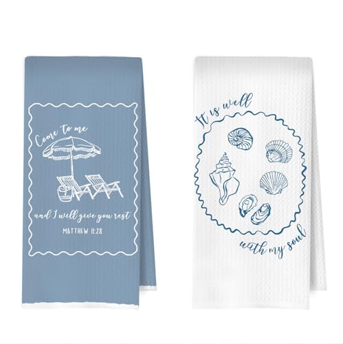Christian Ocean Kitchen Towels Set - Blue Encouraging Christian Gifts Dish Towels, Beachy Religious Gifts Hand Towel, Christian Psalm Scripture Tea Towel, 16x24 Inches Set of 2 - color: Christian- 02