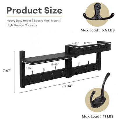 Coat Rack Wall Mount with Shelf & Mail Organizer,29 Inch Wall Shelf with 7 Coat Hooks and 4 Key Hooks for Entryway,Living Room,Bedroom,Offices(Black) - color: Black