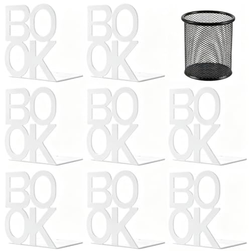 Book Ends - Decorative Metal Book Ends Supports for Bookrack Desk,Books, Unique Appearance Design,Heavy Duty (White, 4 Pair) | Non-Skid Metal Book End Stopper for Books/CDs/DVDs - color: White, size: 4 pair