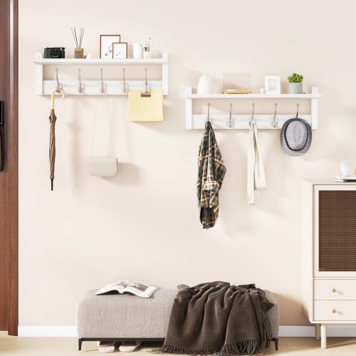 YMYNY 47.2" Coat Rack Wall Mount with Shelf and 10 Hooks, White UHWS004W-2 | 2 Pack Coat Hooks Wall Mount, Wood Wall Mounted Coat Rack with Hooks, Coat Hanger Wall Mount, Wall Hooks for Hanging - color: White