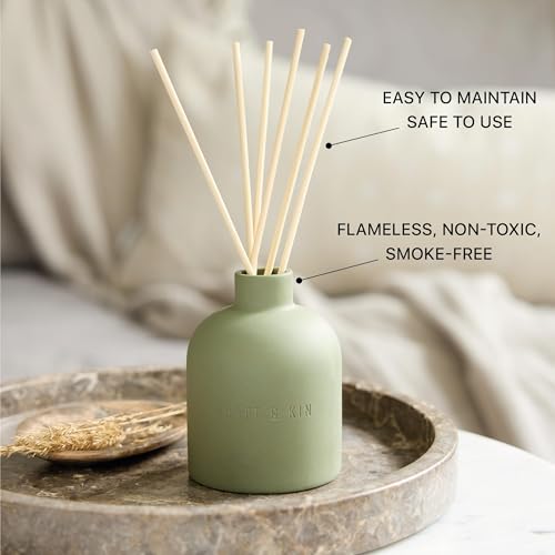 Craft & Kin White Birch & Cedar Reed Diffuser – Earthenware Collection, 6.7 oz – Alcohol-Free Essential Oil Diffuser for Home & Bathroom – Long-Lasting Fragrance Sticks – Ceramic Room Decor