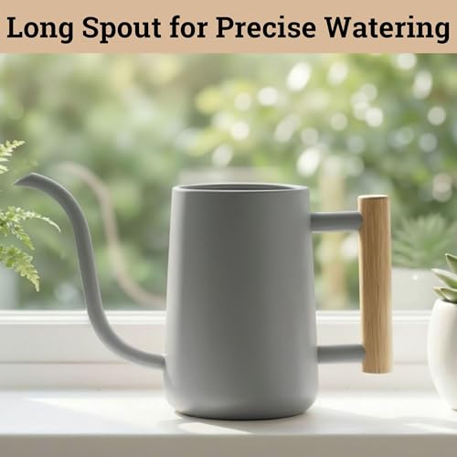 Metal Small Indoor Watering Can with Long Spout & Real Wood Handle, 35oz | Long Spout, Stainless Steel, Real Wood Handle, Gentle Flow, No Spills, Suitable for House Plants, Succulents & Seedlings - color: Gray