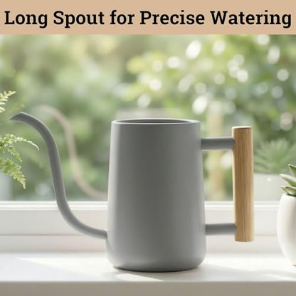 Metal Small Indoor Watering Can with Long Spout & Real Wood Handle, 35oz | Long Spout, Stainless Steel, Real Wood Handle, Gentle Flow, No Spills, Suitable for House Plants, Succulents & Seedlings - color: Gray
