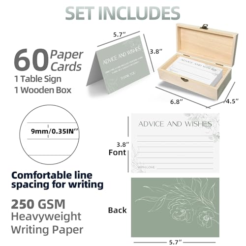 Advice and Wishes for Mr and Mrs - 60 Sage Green Floral Wedding Cards with Wooden Keepsake Box - Elegant Bridal Shower, Anniversary and Graduation Message Set - color: GREENFLORAL