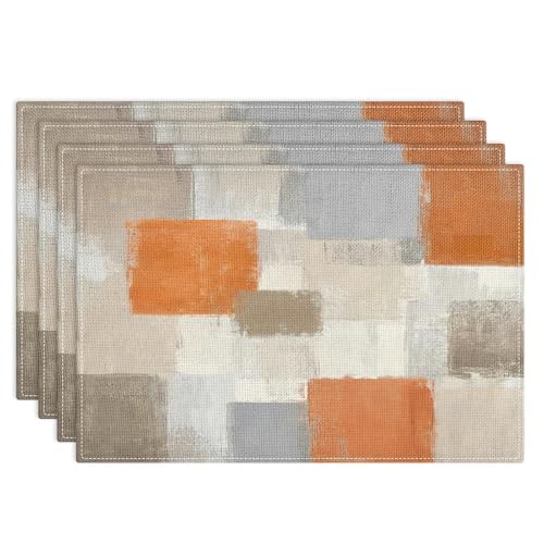 Emvency Farmhouse Placemats Set of 4, 12x18 Inch, Orange and Grey | Abstract Vintage Art Painting Table Mats for Outdoor Home Party Kitchen Dining Decoration - color: Abstract Orange Grey, size: Set of 4