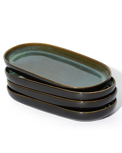 12" Deep Serving Platters, Stoneware Party Tray Set for Entertaining, Microwave Safe Large Platter for Fruit/Cheese/Cookie/Sushi/Appetizer, Ceramic Serving Trays Plates of 4, Aurora Green - size: Deep