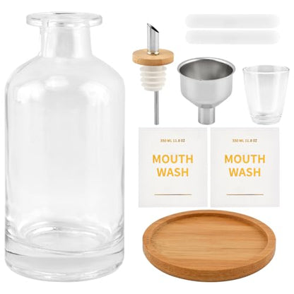 Glass Mouthwash Dispenser with Serving Tray and Funnel Set - Reusable Bottle for Mouthwash, Oil, Soap, or Vinegar with No-Drip Spout & Easy-Pour Design(Clear)