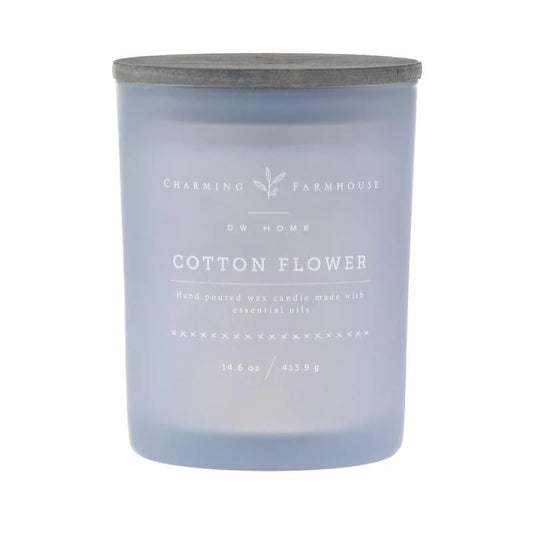 Charming Farmhouse by DW Home Cotton Flower Scented Candle, 14 oz Wooden Wick Candle, Fresh Cotton & Meadow Flower Fragrance, Frosted Glass Jar with Decorative Wood Lid, Up to 56 Hour Burn Time - color: Cotton Flower, size: 14 oz