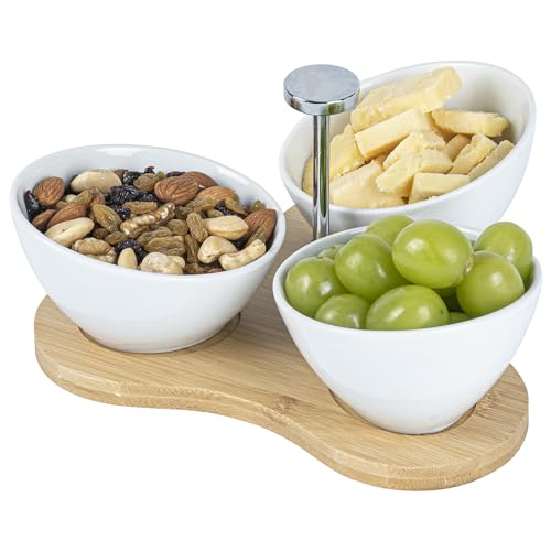 Restaurantware-15 Ounce Bowl Set with Tray - 1 Dishwashable Serving Set, Includes 3 Porcelain Bowls And 1 Bamboo Tray, Durable, White Porcelain And Bamboo Bowl And Platter Kit, Reusable, Freezable - size: Triple set, style: Incline