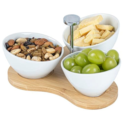 Restaurantware-15 Ounce Bowl Set with Tray - 1 Dishwashable Serving Set, Includes 3 Porcelain Bowls And 1 Bamboo Tray, Durable, White Porcelain And Bamboo Bowl And Platter Kit, Reusable, Freezable - size: Triple set, style: Incline