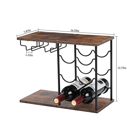 MOOACE Countertop Wine Rack, Wine Bottle Rack with Glass Holder | Freestanding, Holds 6 Bottles and 4 Glasses, For Home Bar Tabletop Kitchen Cabinet, Wood & Metal