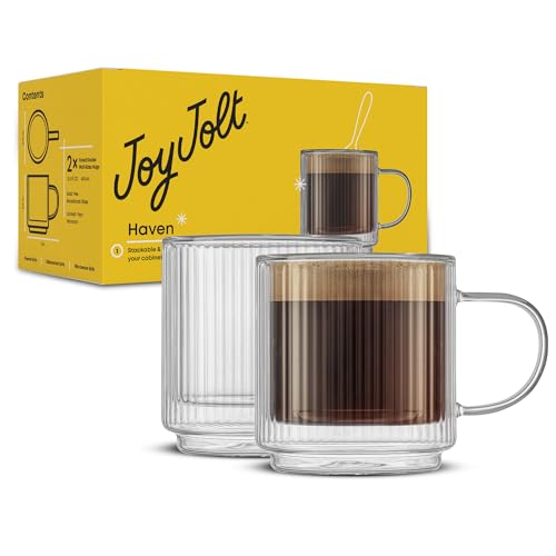JoyJolt Haven Stackable Fluted Glass Mugs, Set of 2 Ribbed Double Wall Insulated Coffee Cups, 13.5oz Clear Mugs - style: Fluted Mugs