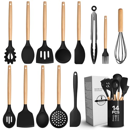 14 Pcs Kitchen Utensils Set with Holder, Beech Handles (Black) | Black Silicone Cooking Utensils Set; Spoons, Tongs, Whisk, Spatula, Countertop Holder, Non-Scratch for Cooking & Baking Needs - color: Black