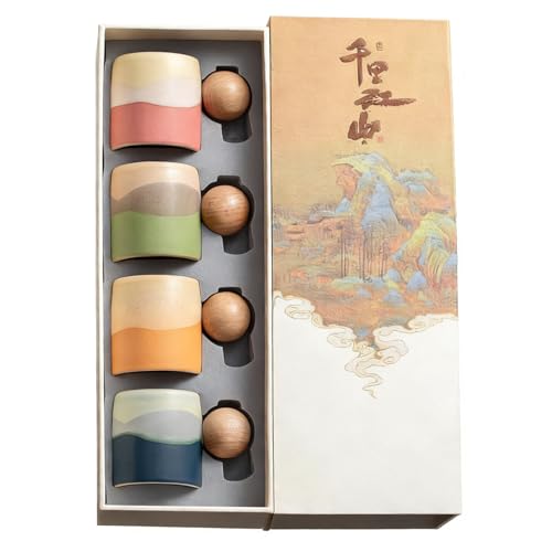 2.4oz Ceramic Espresso Cups Set of 4, Small Coffee Cups with Wooden Handle, Gradient Color Demitasse Cups, Ceramic Tea Cups Gift Box Packaging (Round Handle) - color: Round Handle