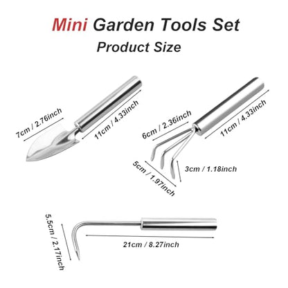 3 Pcs Stainless Steel Mini Garden Tools Set Small Tiny Shovel Trowel Root Extractor Hand Rake Indoor Outdoor Gardening Tools for Pot Plants Succulent Bonsai - style: 3PCS Stainless Steel Silver