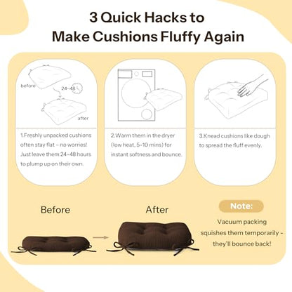 Anti Slip Kitchen Chair Cushions Set of 4 18"X16.5"X3" Brown | Elegant Breathable Textured Fabric, with Ties, Tufted, Thick Polyester Filling, for Dining Chairs, Folding Chairs, Office - color: Brown