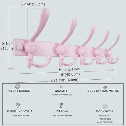 Coat Rack Wall Mount, Heavy Duty 12-Gauge Base vs Flimsy 1mm, Double-Thick Solid Anti-Snap Hooks, 16” Stud-Mount, Stainless Steel Hanger for Clothes Hat Entryway Closet Mudroom, Pink - color: Pink, size: L=17" (1pcs)