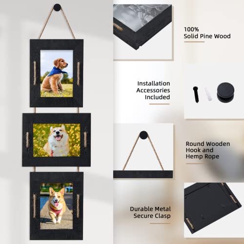 5x7 Collage Picture Frames, 3 Opening, Solid Wood, Black, 2 Pack | Wall-Mounted Hanging Design, Displays 4x6 Photos with Mat or 5x7 Photos Without Mat, Three-Opening Layout - color: Black