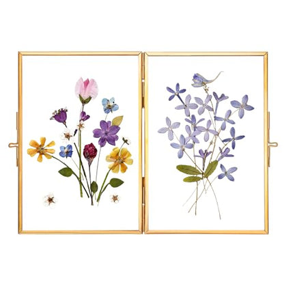 REDHUGO Glass Pressed Flower Frame Handmade, Rectangle, Gold, 4×6 Inches | Hinged Double Press Flower Frame, Tabletop Brass Photo Frames, Rectangle Dried Flowers Display Folding Frames for Home - color: Gold, size: 4L" x 6W"