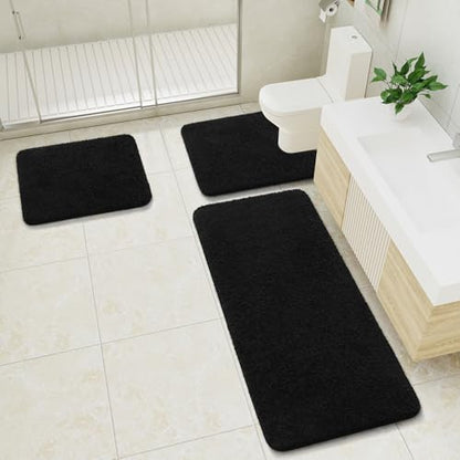 LOCHAS Bathroom Rugs Sets 3 Piece, Long Bath Mat Set Non Slip, Black | Washable Absorbent Toilet Rug, Shaggy Soft Cozy Quick Dry - color: Black, size: 48" x 20" + 24" x 17" + U Shape 24" x 20"