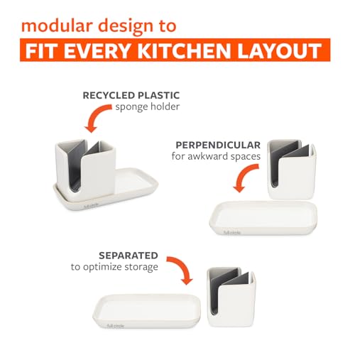 Full Circle Sinkside Ceramic Cleaning Station - Kitchen Sink Caddy & Sponge Holder, Countertop Organizer for Dish Brushes & Scrubbers - Dishwasher Safe, Rustproof, Compact Design, White