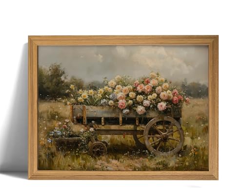 Rustic Farmhouse Flower Cart Canvas Wall Art Vintage Floral Landscape Wall Decor Picture Country Wildflowers Poster Print for Living Room Bedroom Bathroom Home Decoration Wood Frame 12x16in - color: Vintage rustic flower cart, size: 16"L x 12"W
