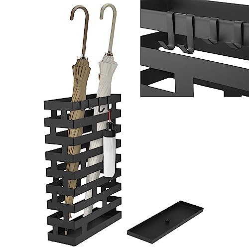Tudomro Umbrella Stands for Entryway Large Metal Umbrella Holder 3.94 x 11.81 x 16.93 Inches with Removable Water Tray and Hooks Decor Freestanding Rectangular Hollow Rack for Home Office (Black) - color: Black, size: 3.94 x 11.81 x 16.93 Inch