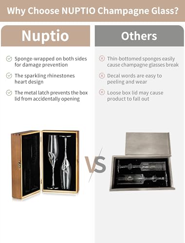 NUPTIO Crystal Champagne Flutes, Wedding Gifts for Couple, Silver, Set of 2 | Rhinestone Rimmed Heart Toasting Glasses with Wooden Gift Box for Engagement, Anniversary, Party, Bridal Showers, 6.76oz - color: Silver