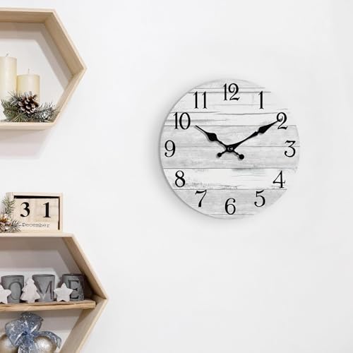 KECYET 12 Inch Wall Clock Battery Operated Gray White Silent Farmhouse | Round analog clock; large easy-read dial for bathroom, kitchen, bedroom & living room; 1 AA battery (not included) - color: Light Gray, size: 12"