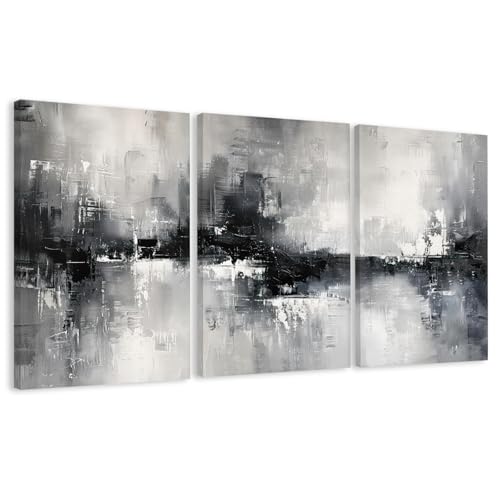 AVECCO Triptych Abstract Black White Gray Wrapped Canvas Wall Art 16x24 In | Gallery Wrapped Canvas, UV Fade-resistant Ink, Modern Minimalist, Ready to Hang, Living Room Office Decor, Housewarming Gift - color: Black, size: 24"L x 16"W