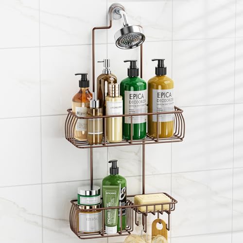 Epicano Shower Caddy Hanging Over Head, Bronze | Rustproof,4 Hooks for Towels,Sponge and & Bathroom Accessories,Anti-Swing Suction Cups & Adhesive hooks - color: Bronze
