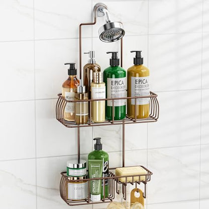 Epicano Shower Caddy Hanging Over Head, Bronze | Rustproof,4 Hooks for Towels,Sponge and & Bathroom Accessories,Anti-Swing Suction Cups & Adhesive hooks - color: Bronze