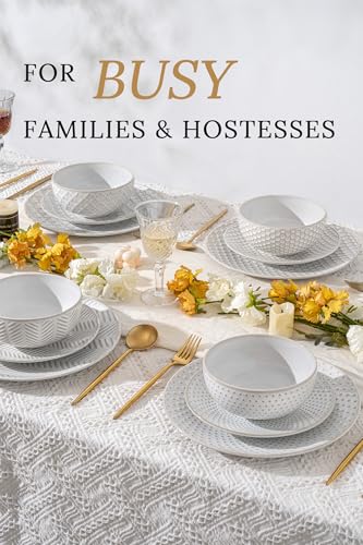 FOBENTA 12 Piece Embossed Dinnerware Sets for 4, Elegant Plates and Bowls Sets, Microwave & Dishwasher Safe, Stoneware for Stylish Home Dining–Perfect Housewarming Gift for Busy Families & Hostesses - size: Service for 4 (12pcs)