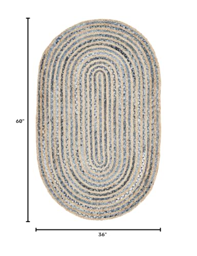 SAFAVIEH Cape Cod Collection Area Rug - 3' x 5' Oval, Natural & Blue, Handmade Flat Weave Jute, Ideal for High Traffic Areas in Living Room, Bedroom (CAP250A) - size: 3' x 5' (Oval)