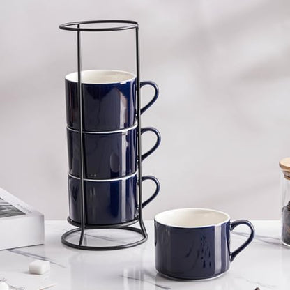 10oz Porcelain Stackable Coffee Mugs and Metal Stand Set of 4, Espresso Cups Set for Hot Drinks, Cappuccino, Tea-Blue - color: Navy