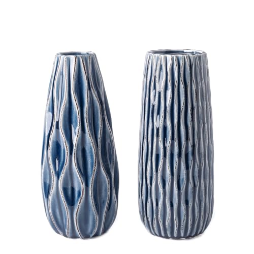 VICTOR & TERESA Ceramic Vase for Flowers, 8'' Set of 2 Decorative Vintage Blue Vases for Home Decor, Farmhouse Vases for Pampas Grass, Table, Mantel, Living Room, Shelf, Centerpieces, Gifts for Mom - color: Blue, size: Medium