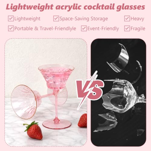12 Pcs Plastic Martini Glasses with Gold Rim 4.5 Oz Reusable Acrylic Coupe Cocktail Glasses Removable Champagne Dessert Cups for Margaritas Mimosa Weddings Parties Birthday Celebrations (12, pink) - color: Pink