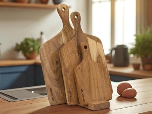 Vesta Homes Cutting Boards for Kitchen, Large Wood Chopping Board Set of 3 | Acacia Charcuterie Board, Cheese Platter | 16.5 * 12, 15 * 8, 10x6 Inches | Handcrafted in India - size: 16.5"L x 12"W, 15"L x 8"W, 10"L x 6"W