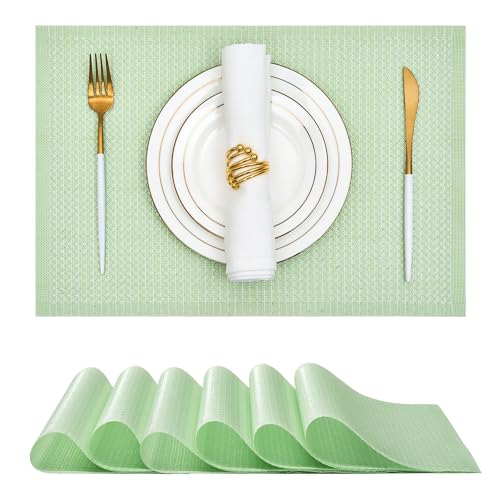 Leetaltree Sparkling Crisp Green Sequin Woven Vinyl Placemats, Set of 6 - Waterproof & Washable Dining Table Mats for Wedding, Anniversary, Daily Use, Hand-Cut - color: 00- Crisp Green Sequin, size: Set of 6