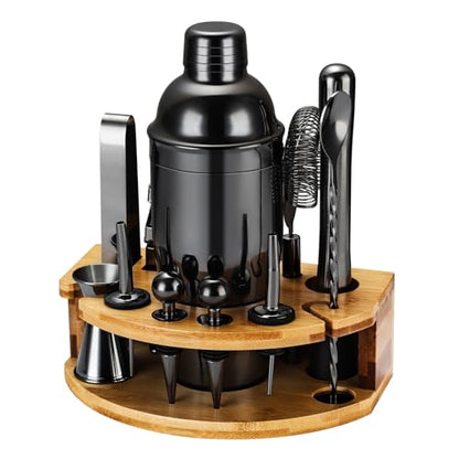 Cocktail Shaker Set Bartender Kit with Stand, 12 Piece Bar Set Drink Mixer Set with Stainless Steel Bar Accessories Tools: 25oz Martini Shaker Jigger Strainer Spoon Muddler for Cocktails (Black) - color: Black