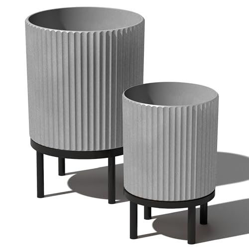 Veradek Demi Series Raised Duo Planters - Set of 2 Planters with Stands | Made From a Durable Plastic-Stone Composite & Comes With Wooden Stand. Modern Porch/Patio Décor - color: Gray/Black, size: Bundle